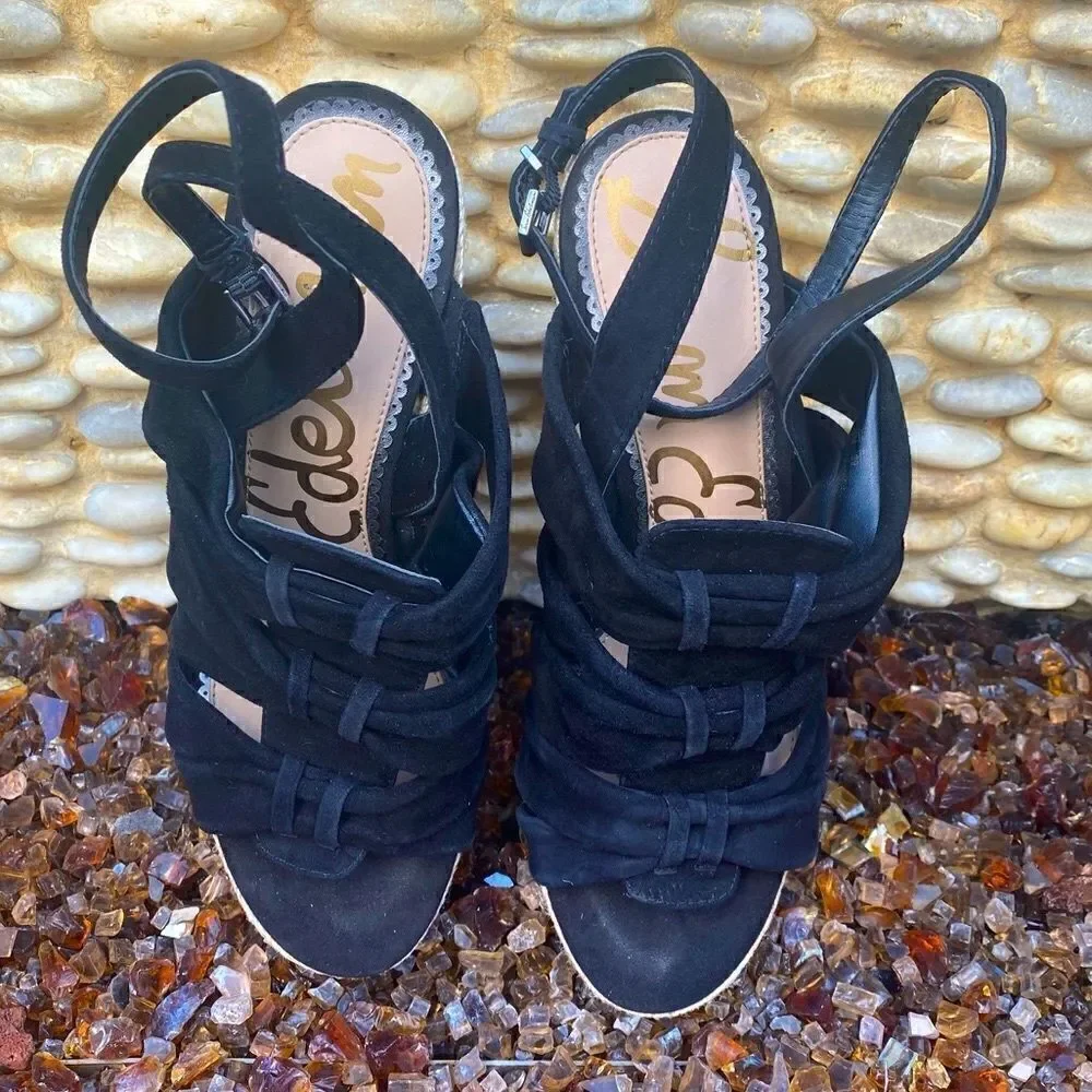 Sam Edelman Awan Black Suede Espadrille Wedge Slingback Sandals Size 9 EUC!
